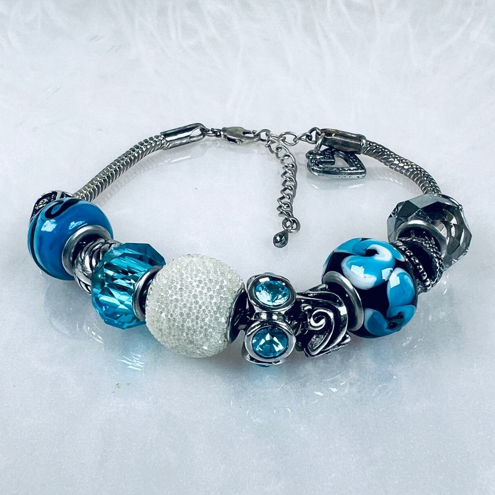 Pretty Aged Silvertone Blue Multi Charm Beaded Br… - image 2